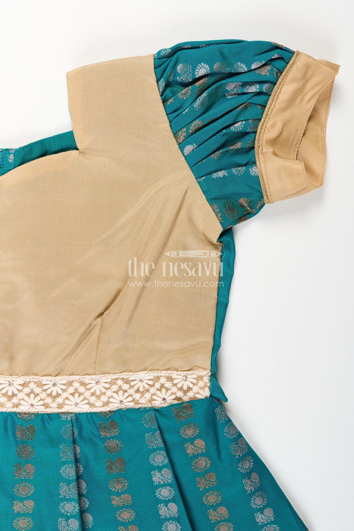 The Nesavu Girls Kanchi Silk Frock Baby Girl Kanchipuram Silk Frock for Traditional and Festive Wear Nesavu Nesavu baby girl kanchipuram silk frock in teal green and gold for festive and wedding wear