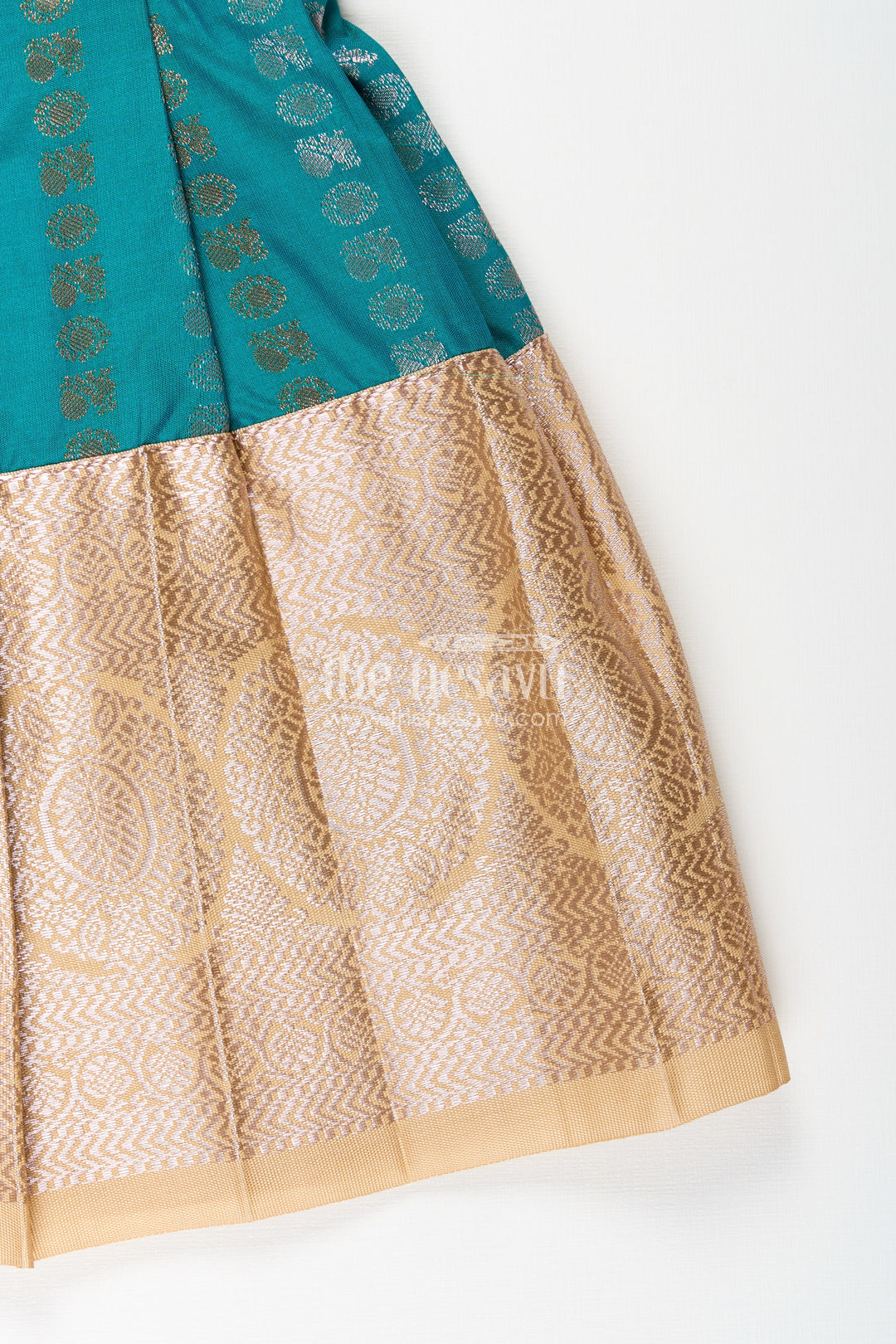 The Nesavu Girls Kanchi Silk Frock Baby Girl Kanchipuram Silk Frock for Traditional and Festive Wear Nesavu Nesavu baby girl kanchipuram silk frock in teal green and gold for festive and wedding wear