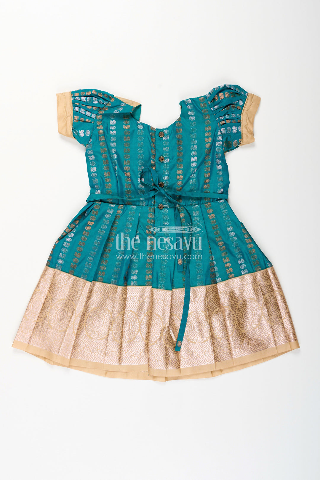 The Nesavu Girls Kanchi Silk Frock Baby Girl Kanchipuram Silk Frock for Traditional and Festive Wear Nesavu Nesavu baby girl kanchipuram silk frock in teal green and gold for festive and wedding wear