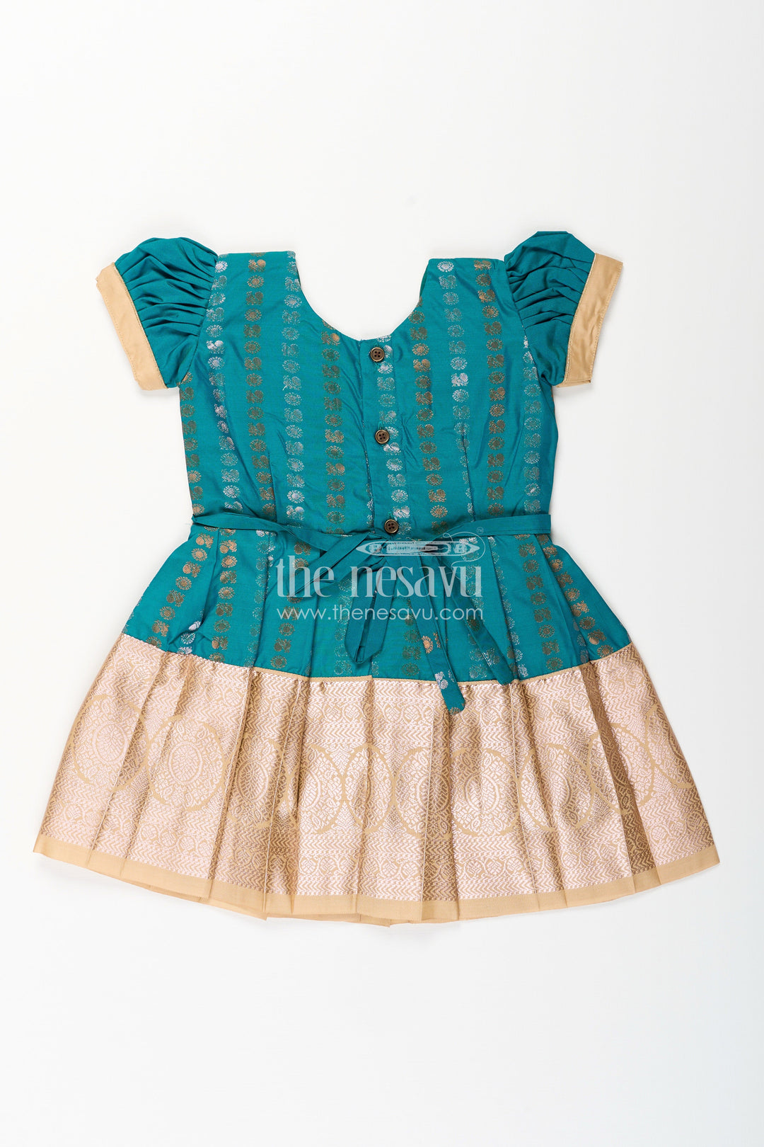 The Nesavu Girls Kanchi Silk Frock Baby Girl Kanchipuram Silk Frock for Traditional and Festive Wear Nesavu Nesavu baby girl kanchipuram silk frock in teal green and gold for festive and wedding wear