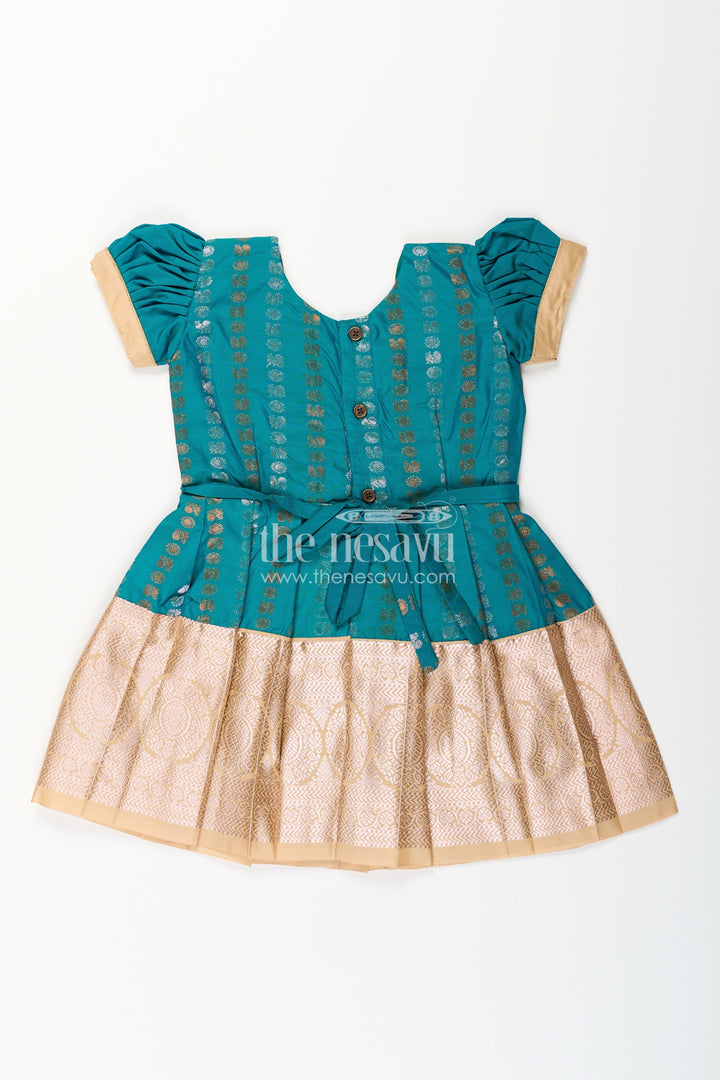 The Nesavu Girls Kanchi Silk Frock Baby Girl Kanchipuram Silk Frock for Traditional and Festive Wear Nesavu Nesavu baby girl kanchipuram silk frock in teal green and gold for festive and wedding wear