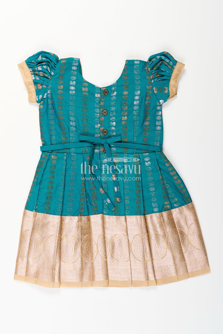 The Nesavu Girls Kanchi Silk Frock Baby Girl Kanchipuram Silk Frock for Traditional and Festive Wear Nesavu Nesavu baby girl kanchipuram silk frock in teal green and gold for festive and wedding wear
