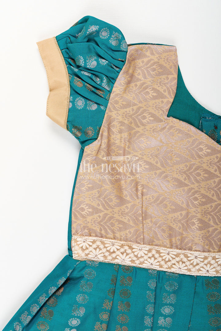 The Nesavu Girls Kanchi Silk Frock Baby Girl Kanchipuram Silk Frock for Traditional and Festive Wear Nesavu Nesavu baby girl kanchipuram silk frock in teal green and gold for festive and wedding wear