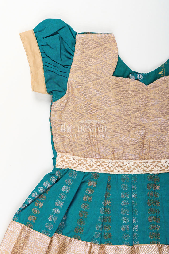 The Nesavu Girls Kanchi Silk Frock Baby Girl Kanchipuram Silk Frock for Traditional and Festive Wear Nesavu Nesavu baby girl kanchipuram silk frock in teal green and gold for festive and wedding wear