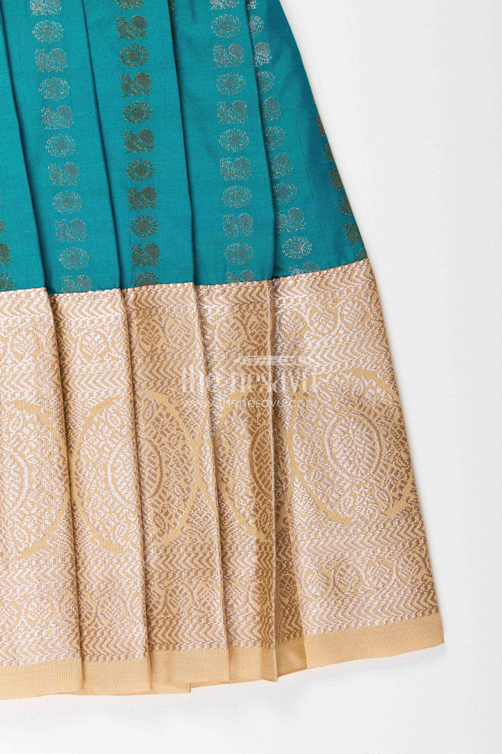 The Nesavu Girls Kanchi Silk Frock Baby Girl Kanchipuram Silk Frock for Traditional and Festive Wear Nesavu Nesavu baby girl kanchipuram silk frock in teal green and gold for festive and wedding wear