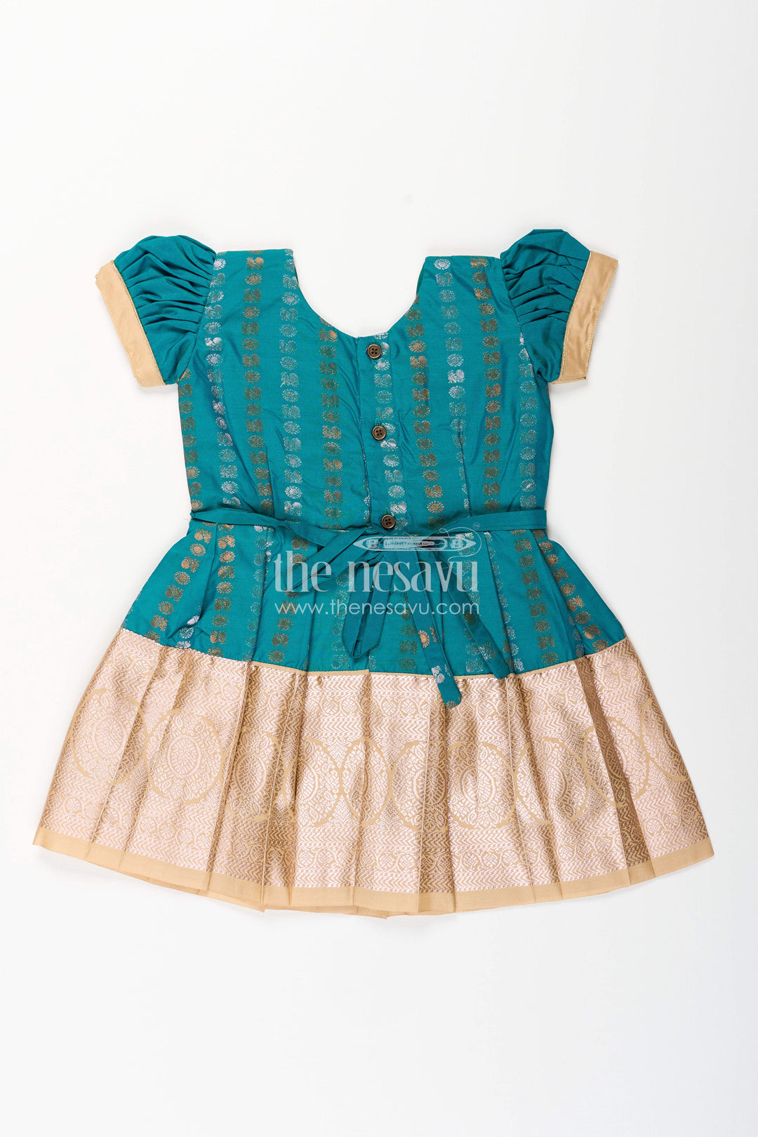 The Nesavu Girls Kanchi Silk Frock Baby Girl Kanchipuram Silk Frock for Traditional and Festive Wear Nesavu Nesavu baby girl kanchipuram silk frock in teal green and gold for festive and wedding wear
