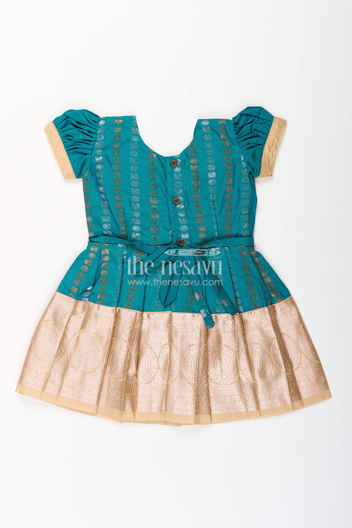 The Nesavu Girls Kanchi Silk Frock Baby Girl Kanchipuram Silk Frock for Traditional and Festive Wear Nesavu Nesavu baby girl kanchipuram silk frock in teal green and gold for festive and wedding wear