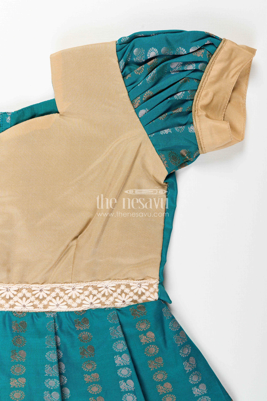 The Nesavu Girls Kanchi Silk Frock Baby Girl Kanchipuram Silk Frock for Traditional and Festive Wear Nesavu Nesavu baby girl kanchipuram silk frock in teal green and gold for festive and wedding wear