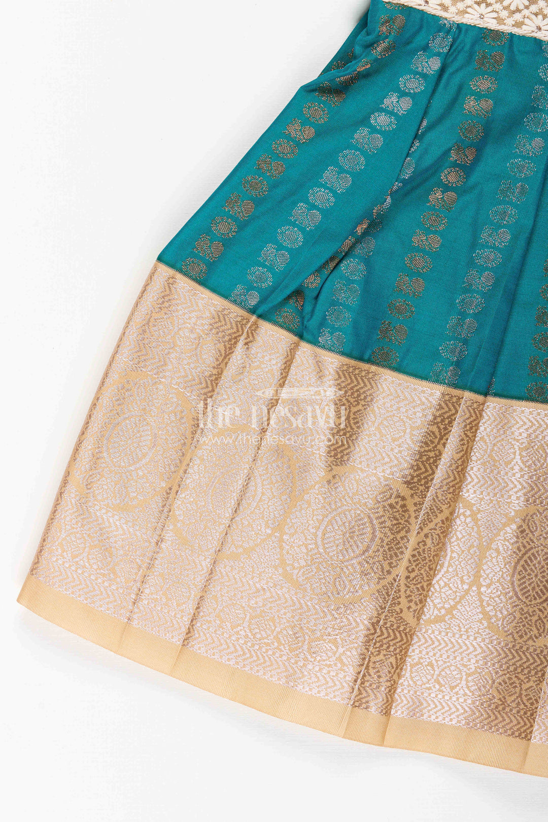 The Nesavu Girls Kanchi Silk Frock Baby Girl Kanchipuram Silk Frock for Traditional and Festive Wear Nesavu Nesavu baby girl kanchipuram silk frock in teal green and gold for festive and wedding wear