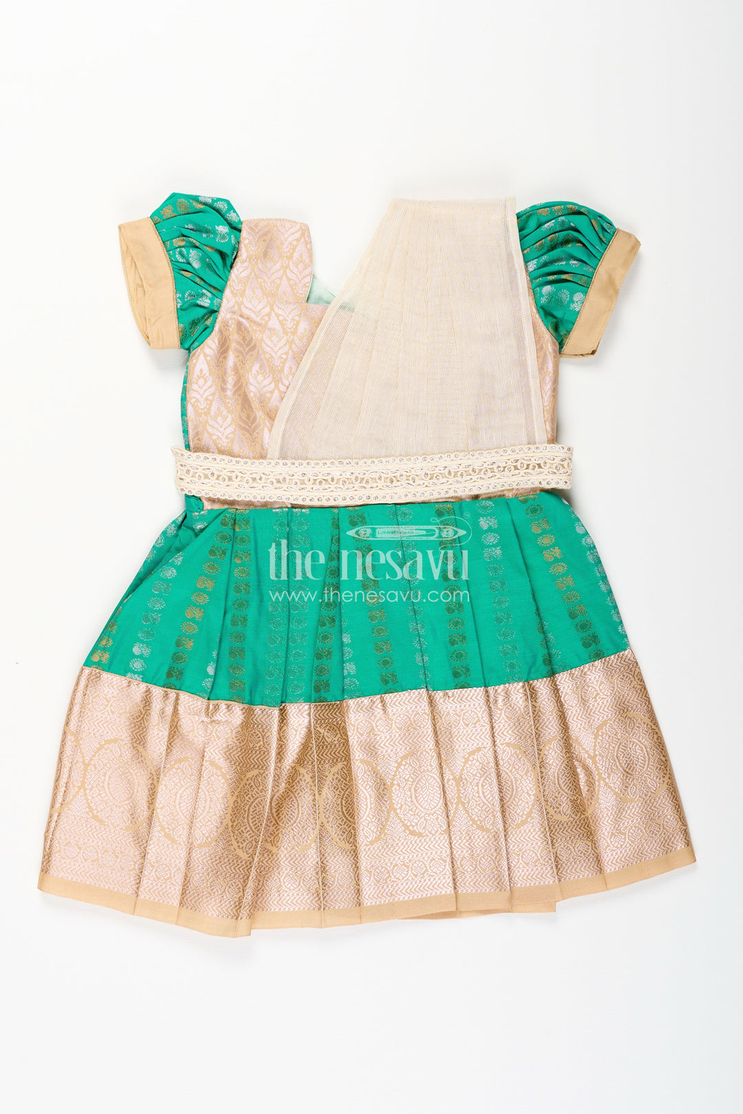 The Nesavu Girls Kanchi Silk Frock Baby Girl Kanchipuram Silk Frock for Weddings and Festive Celebrations Nesavu 14 (6M) / Green / Style 1 SF843HA-14 Nesavu baby girl kanchipuram silk frock in green and gold for weddings and festive wear