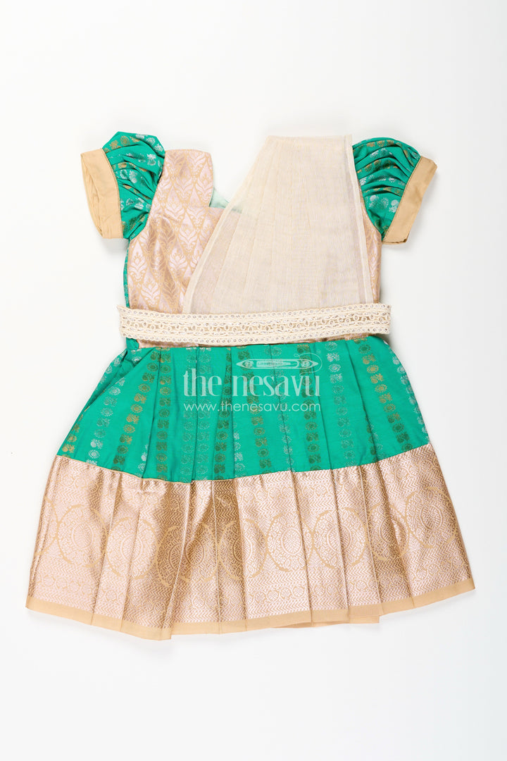 The Nesavu Girls Kanchi Silk Frock Baby Girl Kanchipuram Silk Frock for Weddings and Festive Celebrations Nesavu 14 (6M) / Green / Style 1 SF843HA-14 Nesavu baby girl kanchipuram silk frock in green and gold for weddings and festive wear