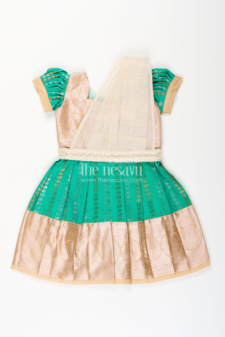 The Nesavu Girls Kanchi Silk Frock Baby Girl Kanchipuram Silk Frock for Weddings and Festive Celebrations Nesavu 14 (6M) / Green / Style 2 SF843HB-14 Nesavu baby girl kanchipuram silk frock in green and gold for weddings and festive wear