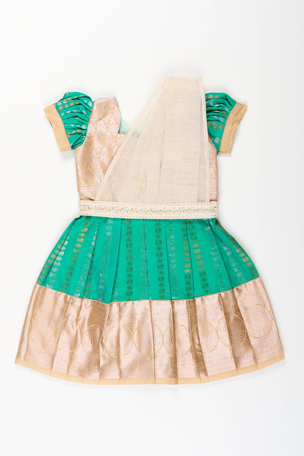 The Nesavu Girls Kanchi Silk Frock Baby Girl Kanchipuram Silk Frock for Weddings and Festive Celebrations Nesavu 14 (6M) / Green / Style 2 SF843HB-14 Nesavu baby girl kanchipuram silk frock in green and gold for weddings and festive wear