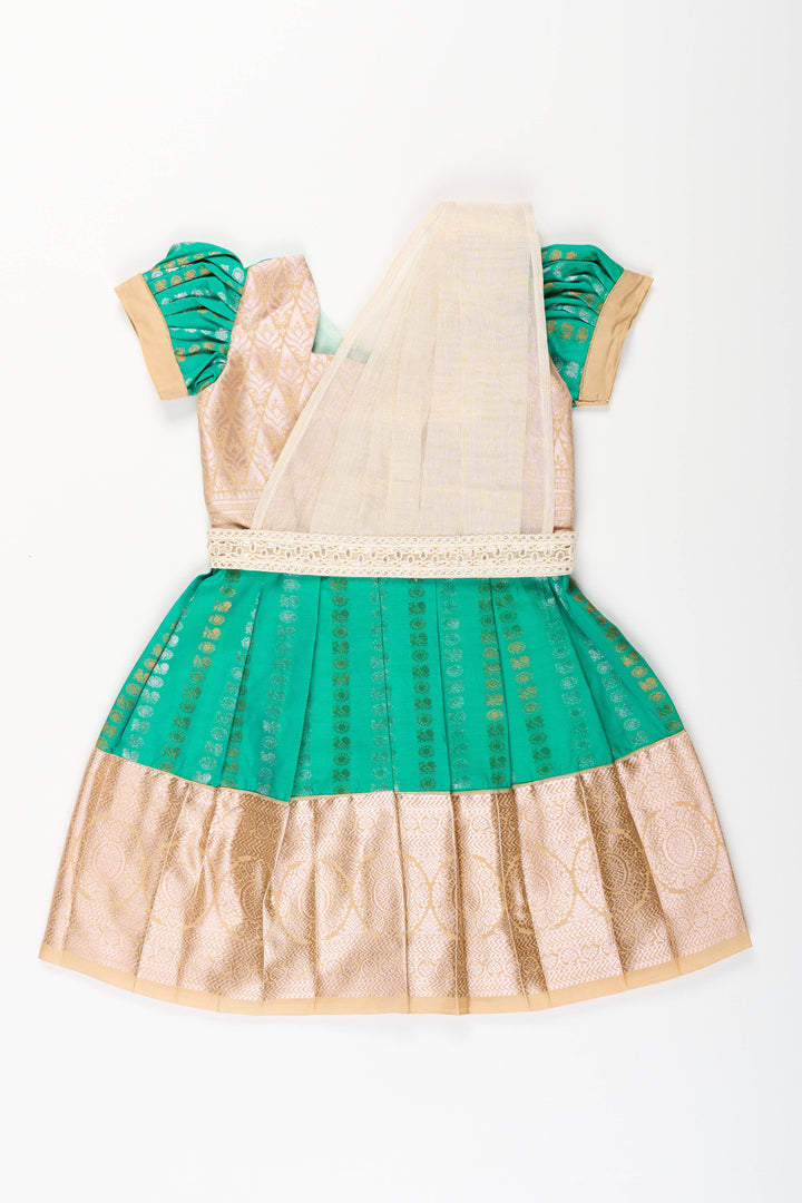 The Nesavu Girls Kanchi Silk Frock Baby Girl Kanchipuram Silk Frock for Weddings and Festive Celebrations Nesavu 14 (6M) / Green / Style 2 SF843HB-14 Nesavu baby girl kanchipuram silk frock in green and gold for weddings and festive wear