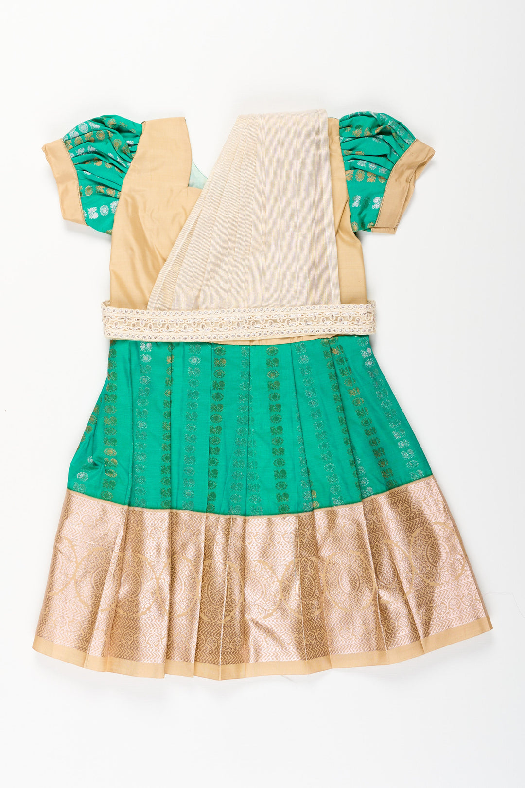 The Nesavu Girls Kanchi Silk Frock Baby Girl Kanchipuram Silk Frock for Weddings and Festive Celebrations Nesavu 14 (6M) / Green / Style 3 SF843HC-14 Nesavu baby girl kanchipuram silk frock in green and gold for weddings and festive wear
