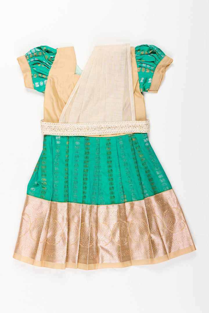 The Nesavu Girls Kanchi Silk Frock Baby Girl Kanchipuram Silk Frock for Weddings and Festive Celebrations Nesavu 14 (6M) / Green / Style 3 SF843HC-14 Nesavu baby girl kanchipuram silk frock in green and gold for weddings and festive wear