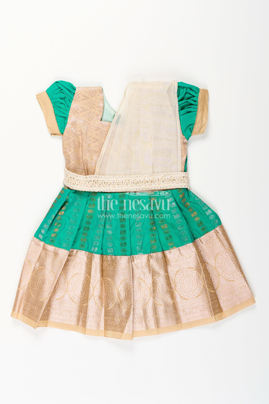 The Nesavu Girls Kanchi Silk Frock Baby Girl Kanchipuram Silk Frock for Weddings and Festive Celebrations Nesavu 14 (6M) / Green / Style 4 SF843HD-14 Nesavu baby girl kanchipuram silk frock in green and gold for weddings and festive wear