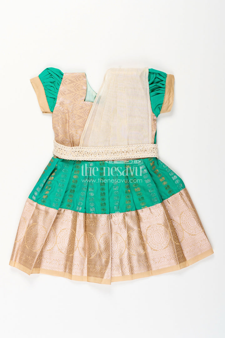The Nesavu Girls Kanchi Silk Frock Baby Girl Kanchipuram Silk Frock for Weddings and Festive Celebrations Nesavu 14 (6M) / Green / Style 4 SF843HD-14 Nesavu baby girl kanchipuram silk frock in green and gold for weddings and festive wear