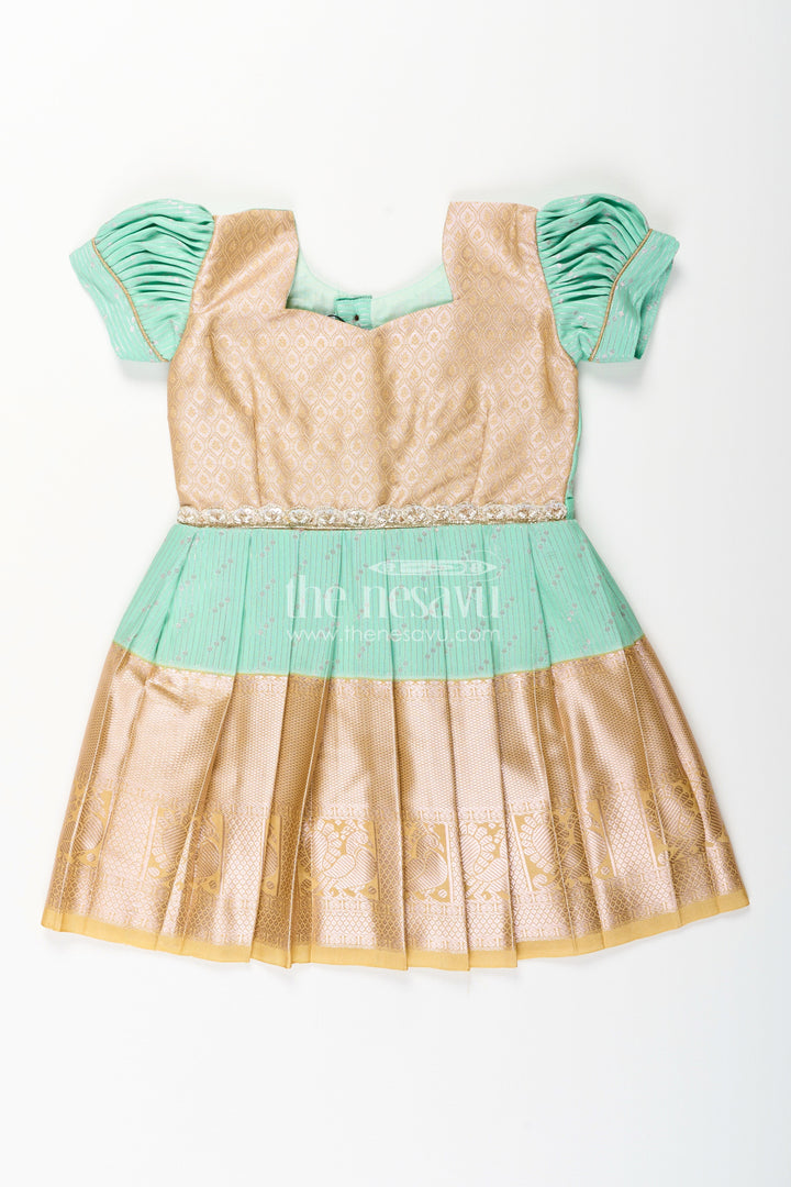 The Nesavu Girls Kanchi Silk Frock Baby Girl Kanchipuram Silk Frock for Weddings and Festive Celebrations Nesavu 16 (1Y) / Green / Style 1 SF825AA-16 Nesavu baby girl kanchipuram silk frock in green and gold for weddings and festive wear
