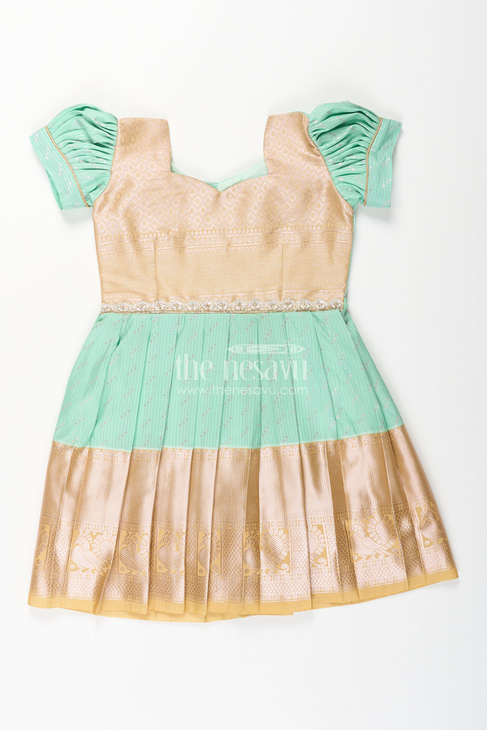 The Nesavu Girls Kanchi Silk Frock Baby Girl Kanchipuram Silk Frock for Weddings and Festive Celebrations Nesavu 16 (1Y) / Green / Style 2 SF825AB-16 Nesavu baby girl kanchipuram silk frock in green and gold for weddings and festive wear