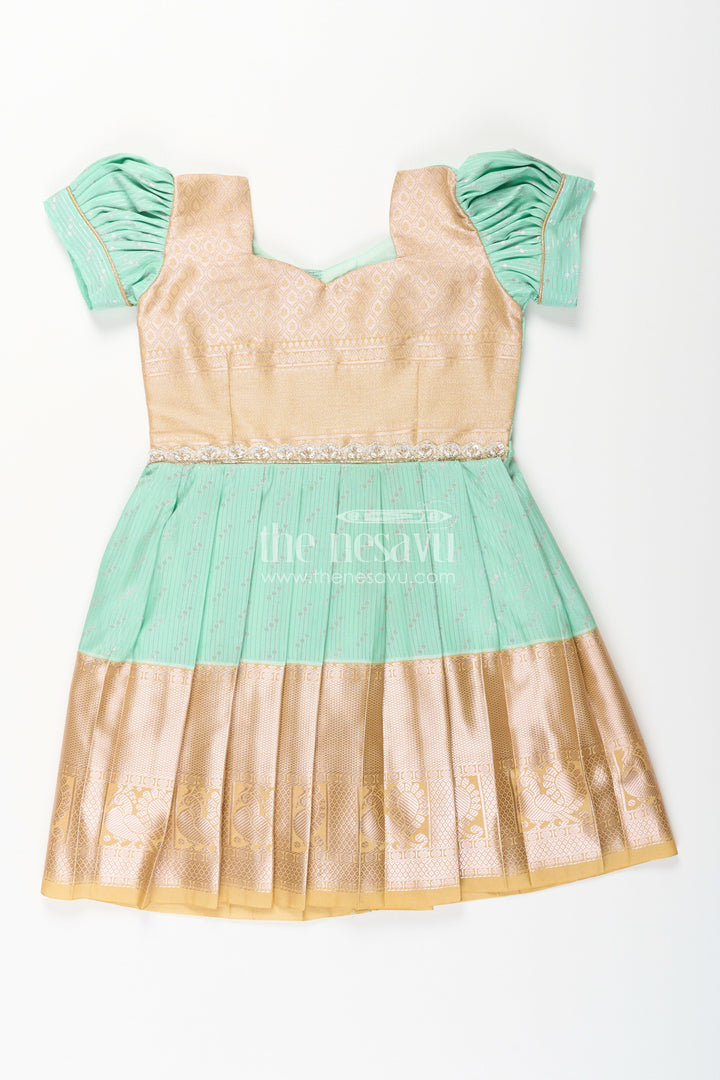 The Nesavu Girls Kanchi Silk Frock Baby Girl Kanchipuram Silk Frock for Weddings and Festive Celebrations Nesavu 16 (1Y) / Green / Style 2 SF825AB-16 Nesavu baby girl kanchipuram silk frock in green and gold for weddings and festive wear