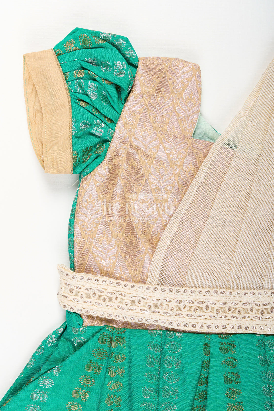 The Nesavu Girls Kanchi Silk Frock Baby Girl Kanchipuram Silk Frock for Weddings and Festive Celebrations Nesavu Nesavu baby girl kanchipuram silk frock in green and gold for weddings and festive wear