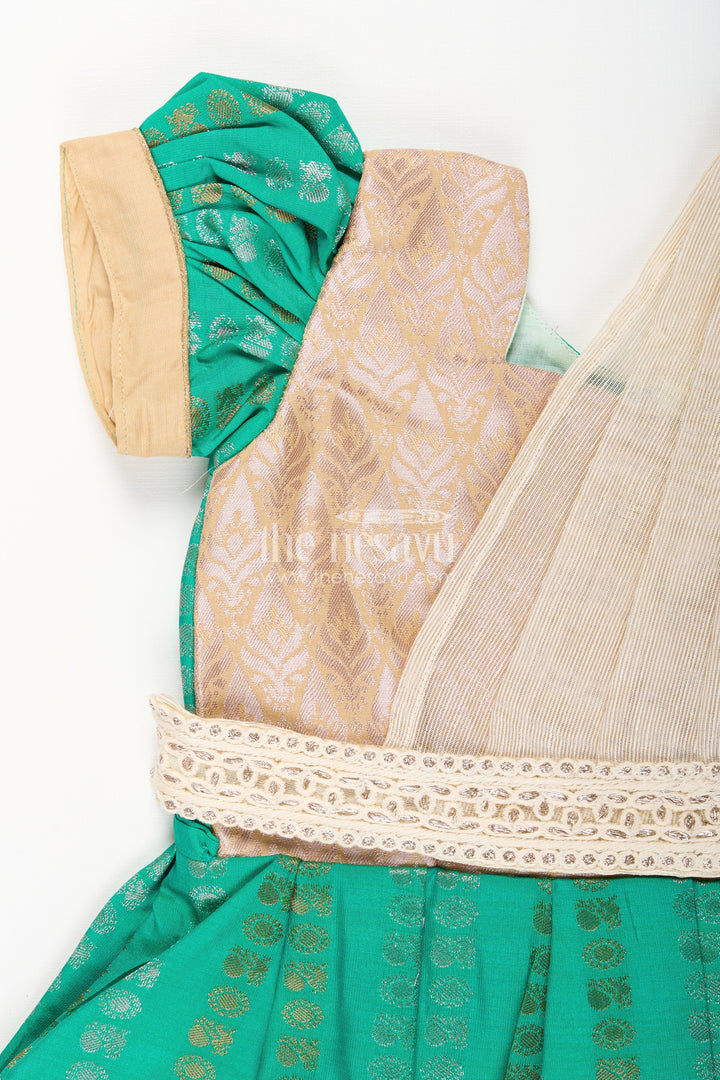 The Nesavu Girls Kanchi Silk Frock Baby Girl Kanchipuram Silk Frock for Weddings and Festive Celebrations Nesavu Nesavu baby girl kanchipuram silk frock in green and gold for weddings and festive wear