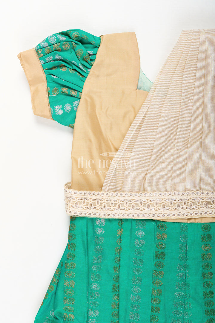 The Nesavu Girls Kanchi Silk Frock Baby Girl Kanchipuram Silk Frock for Weddings and Festive Celebrations Nesavu Nesavu baby girl kanchipuram silk frock in green and gold for weddings and festive wear