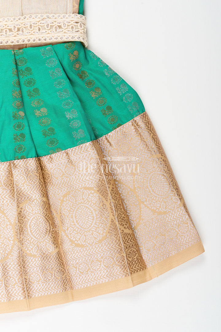 The Nesavu Girls Kanchi Silk Frock Baby Girl Kanchipuram Silk Frock for Weddings and Festive Celebrations Nesavu Nesavu baby girl kanchipuram silk frock in green and gold for weddings and festive wear