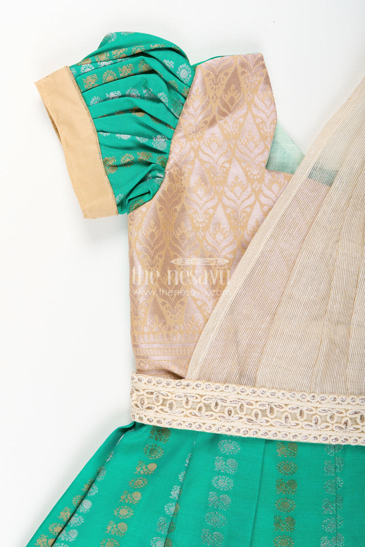 The Nesavu Girls Kanchi Silk Frock Baby Girl Kanchipuram Silk Frock for Weddings and Festive Celebrations Nesavu Nesavu baby girl kanchipuram silk frock in green and gold for weddings and festive wear