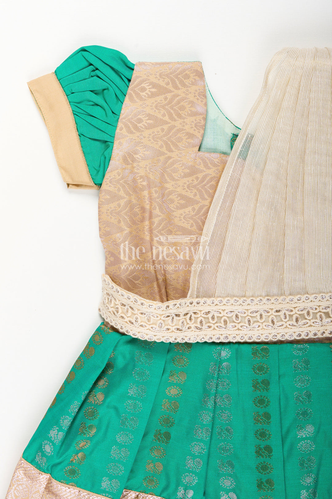 The Nesavu Girls Kanchi Silk Frock Baby Girl Kanchipuram Silk Frock for Weddings and Festive Celebrations Nesavu Nesavu baby girl kanchipuram silk frock in green and gold for weddings and festive wear