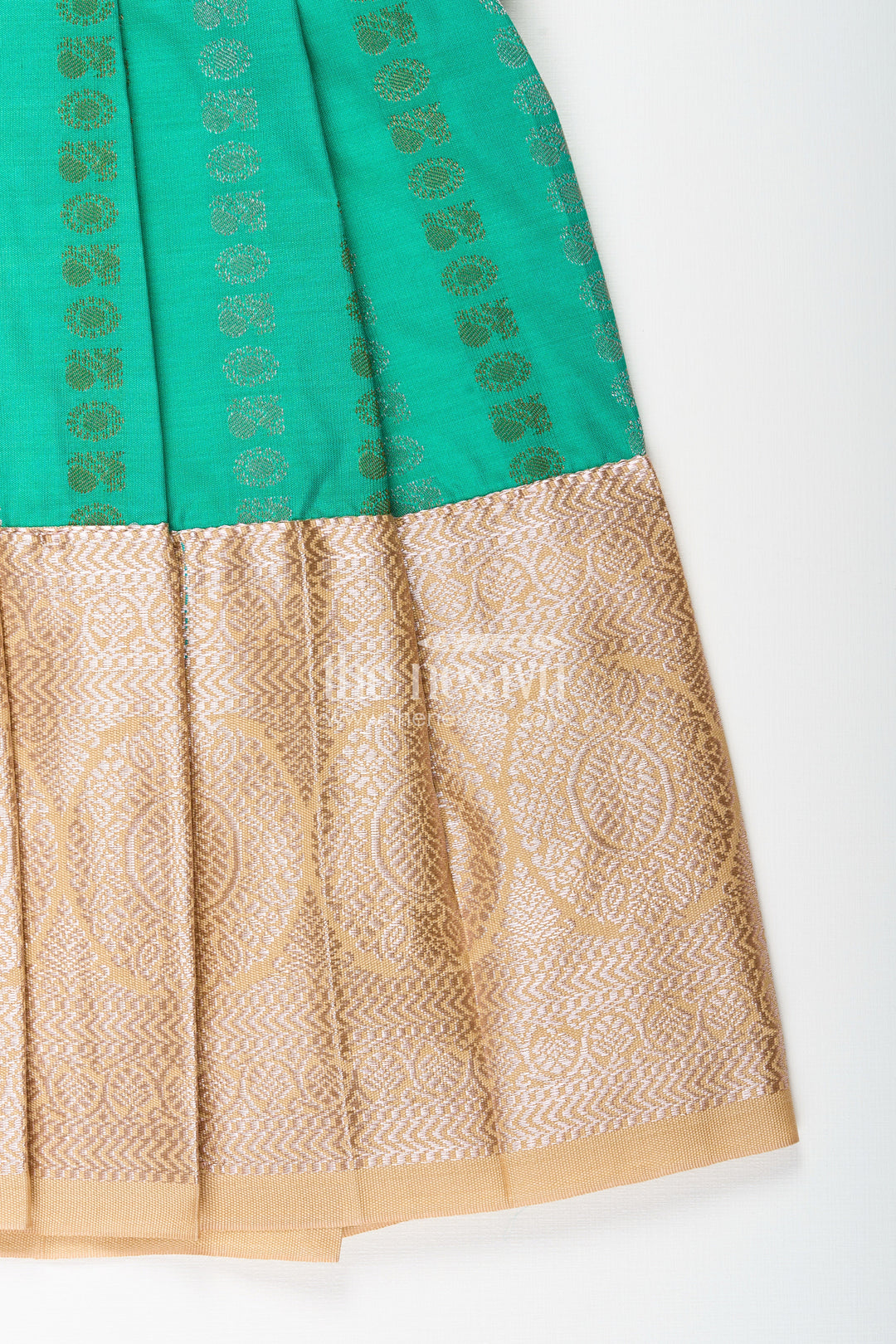 The Nesavu Girls Kanchi Silk Frock Baby Girl Kanchipuram Silk Frock for Weddings and Festive Celebrations Nesavu Nesavu baby girl kanchipuram silk frock in green and gold for weddings and festive wear