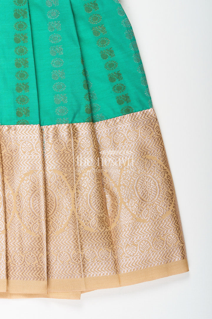 The Nesavu Girls Kanchi Silk Frock Baby Girl Kanchipuram Silk Frock for Weddings and Festive Celebrations Nesavu Nesavu baby girl kanchipuram silk frock in green and gold for weddings and festive wear