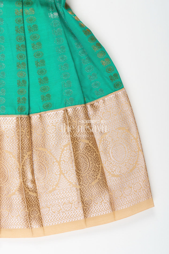The Nesavu Girls Kanchi Silk Frock Baby Girl Kanchipuram Silk Frock for Weddings and Festive Celebrations Nesavu Nesavu baby girl kanchipuram silk frock in green and gold for weddings and festive wear