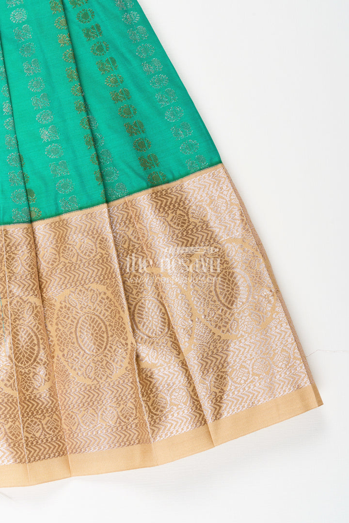 The Nesavu Girls Kanchi Silk Frock Baby Girl Kanchipuram Silk Frock for Weddings and Festive Celebrations Nesavu Nesavu baby girl kanchipuram silk frock in green and gold for weddings and festive wear