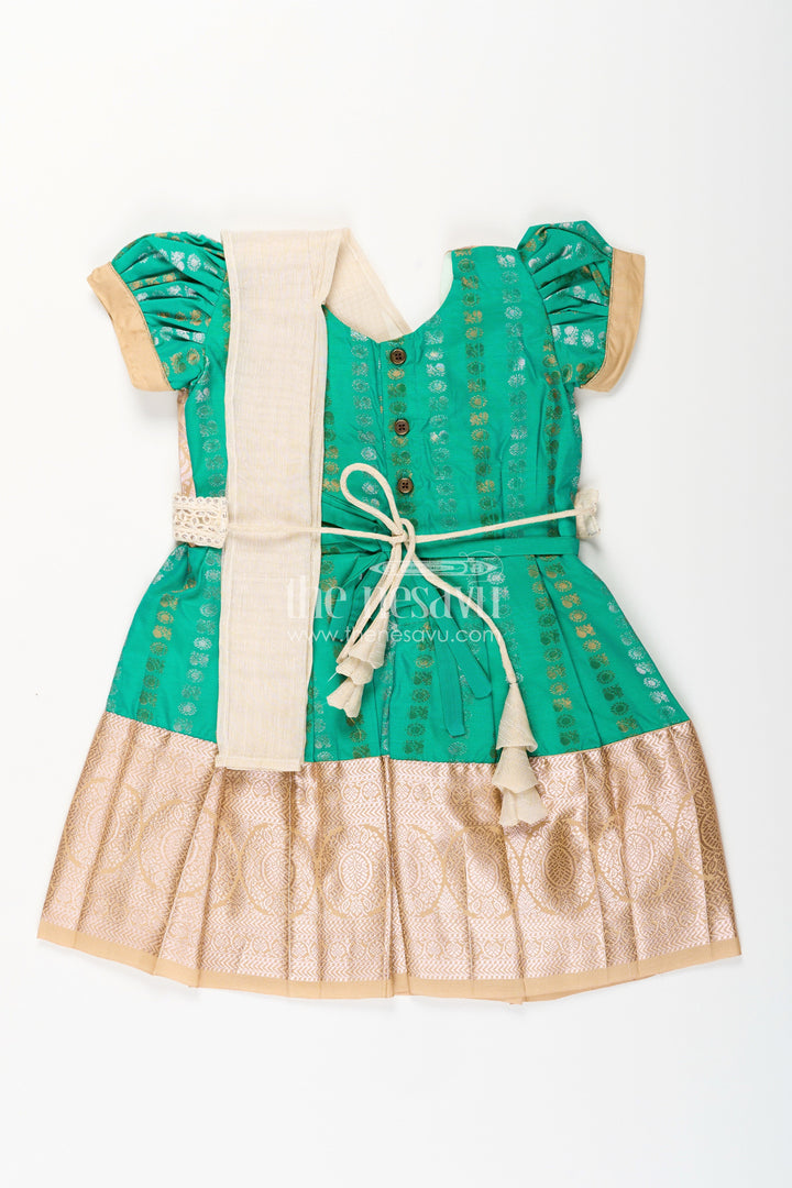 The Nesavu Girls Kanchi Silk Frock Baby Girl Kanchipuram Silk Frock for Weddings and Festive Celebrations Nesavu Nesavu baby girl kanchipuram silk frock in green and gold for weddings and festive wear