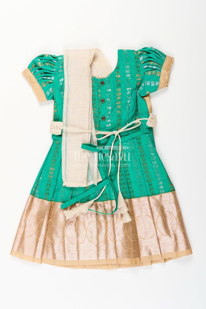 The Nesavu Girls Kanchi Silk Frock Baby Girl Kanchipuram Silk Frock for Weddings and Festive Celebrations Nesavu Nesavu baby girl kanchipuram silk frock in green and gold for weddings and festive wear