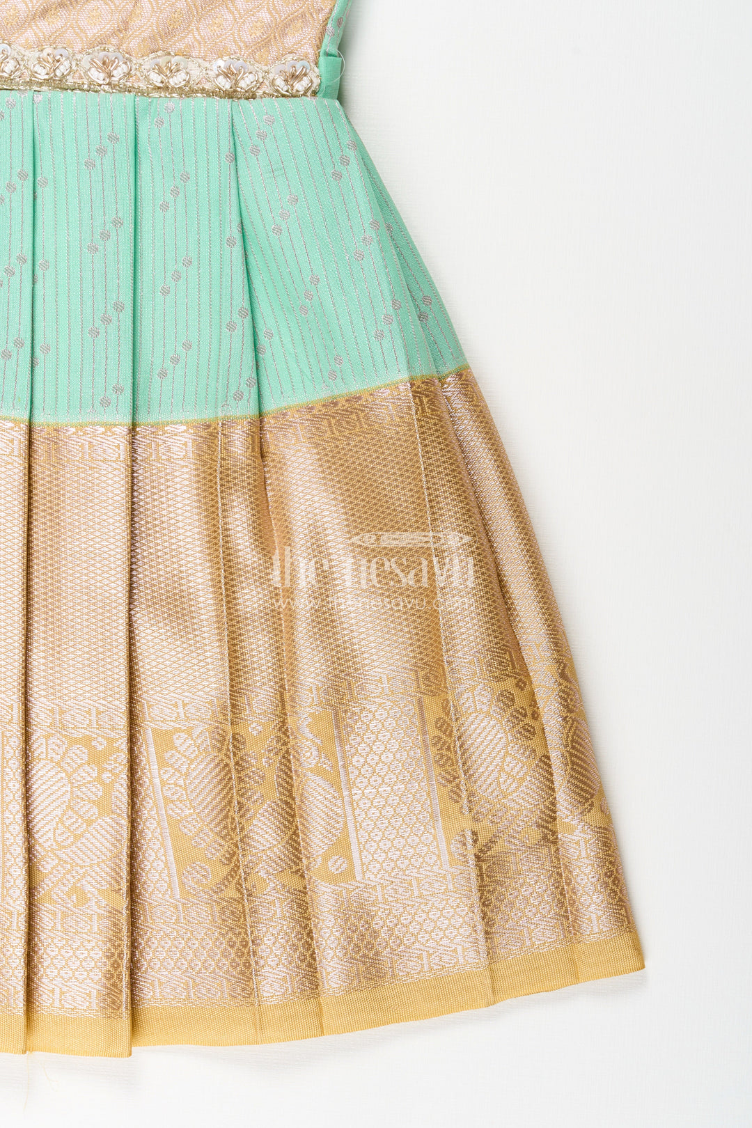 The Nesavu Girls Kanchi Silk Frock Baby Girl Kanchipuram Silk Frock for Weddings and Festive Celebrations Nesavu Nesavu baby girl kanchipuram silk frock in green and gold for weddings and festive wear