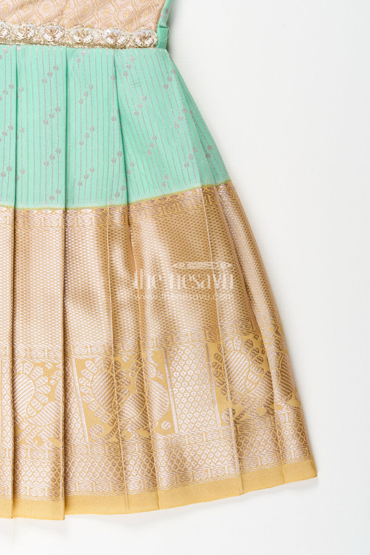 The Nesavu Girls Kanchi Silk Frock Baby Girl Kanchipuram Silk Frock for Weddings and Festive Celebrations Nesavu Nesavu baby girl kanchipuram silk frock in green and gold for weddings and festive wear