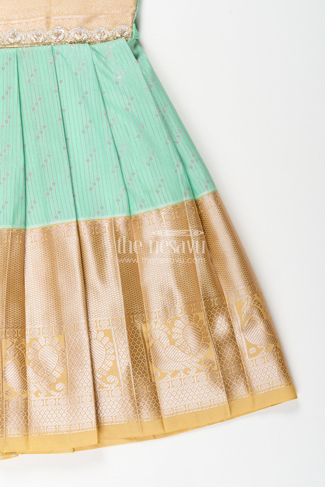 The Nesavu Girls Kanchi Silk Frock Baby Girl Kanchipuram Silk Frock for Weddings and Festive Celebrations Nesavu Nesavu baby girl kanchipuram silk frock in green and gold for weddings and festive wear