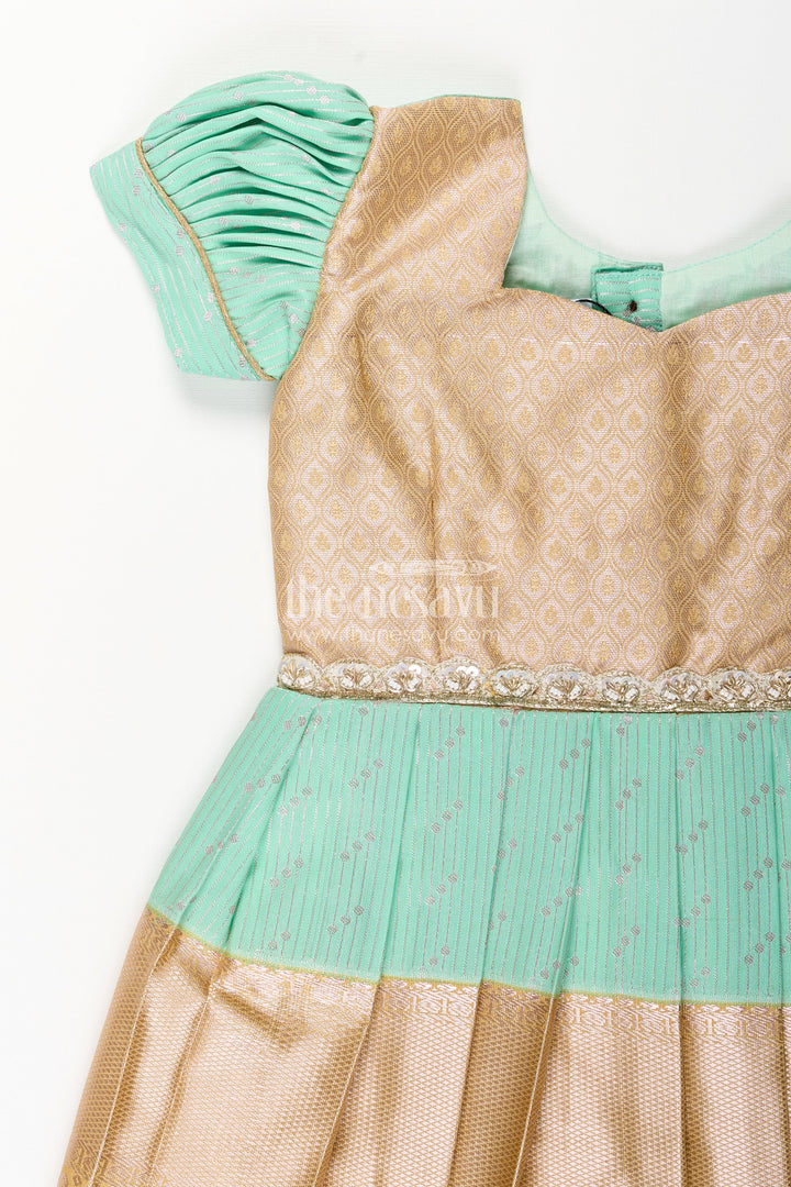 The Nesavu Girls Kanchi Silk Frock Baby Girl Kanchipuram Silk Frock for Weddings and Festive Celebrations Nesavu Nesavu baby girl kanchipuram silk frock in green and gold for weddings and festive wear