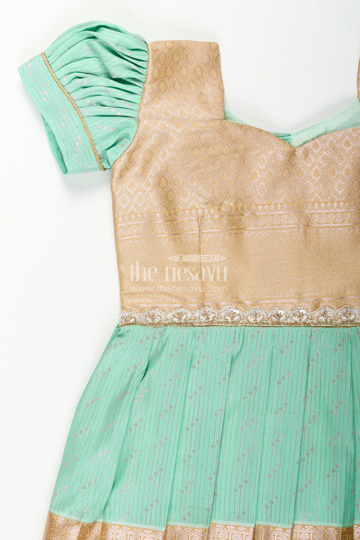 The Nesavu Girls Kanchi Silk Frock Baby Girl Kanchipuram Silk Frock for Weddings and Festive Celebrations Nesavu Nesavu baby girl kanchipuram silk frock in green and gold for weddings and festive wear