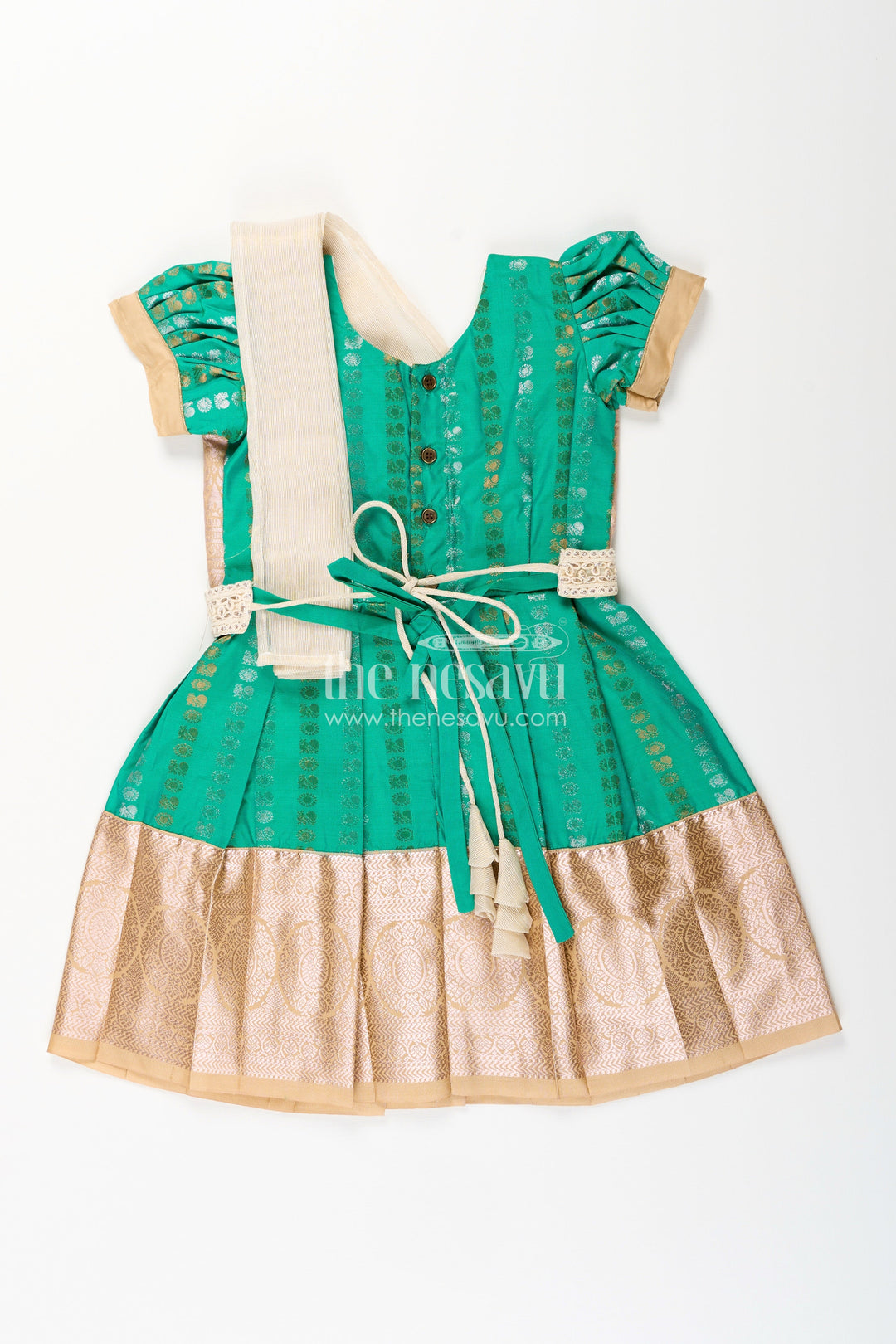 The Nesavu Girls Kanchi Silk Frock Baby Girl Kanchipuram Silk Frock for Weddings and Festive Celebrations Nesavu Nesavu baby girl kanchipuram silk frock in green and gold for weddings and festive wear