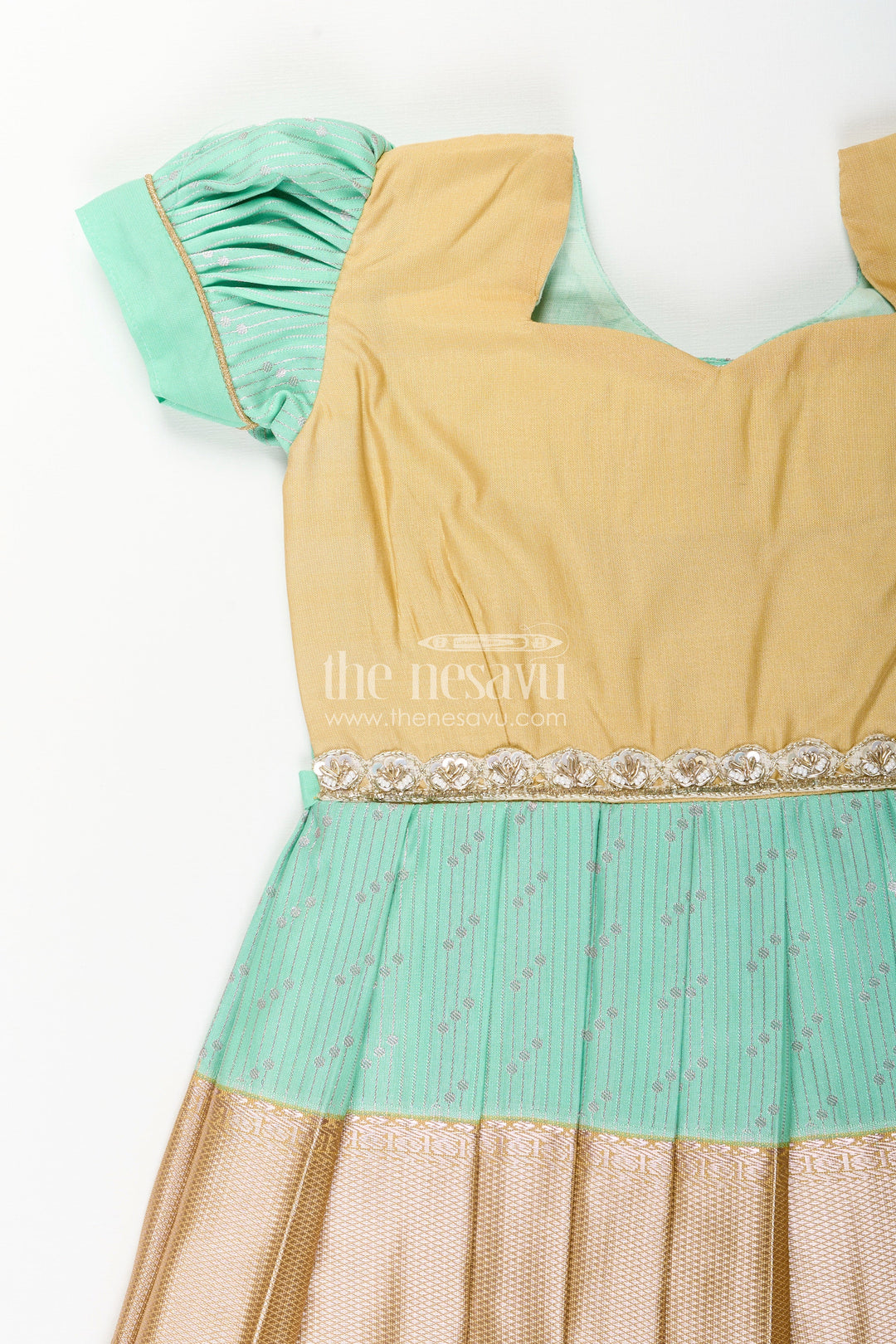 The Nesavu Girls Kanchi Silk Frock Baby Girl Kanchipuram Silk Frock for Weddings and Festive Celebrations Nesavu Nesavu baby girl kanchipuram silk frock in green and gold for weddings and festive wear