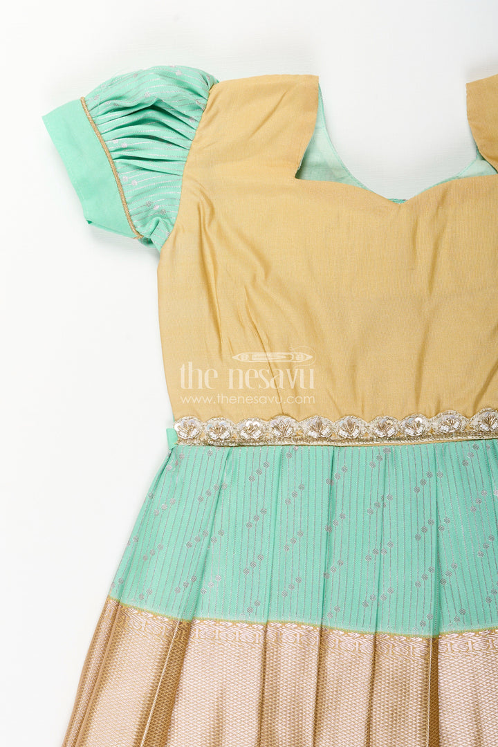 The Nesavu Girls Kanchi Silk Frock Baby Girl Kanchipuram Silk Frock for Weddings and Festive Celebrations Nesavu Nesavu baby girl kanchipuram silk frock in green and gold for weddings and festive wear