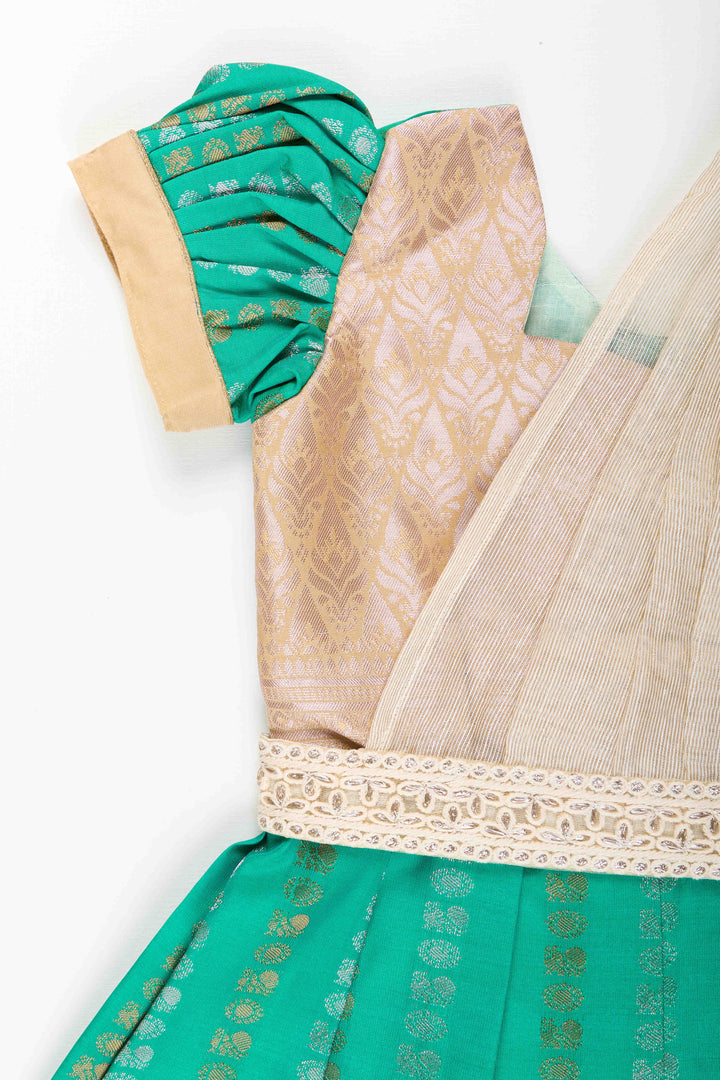 The Nesavu Girls Kanchi Silk Frock Baby Girl Kanchipuram Silk Frock for Weddings and Festive Celebrations Nesavu Nesavu baby girl kanchipuram silk frock in green and gold for weddings and festive wear