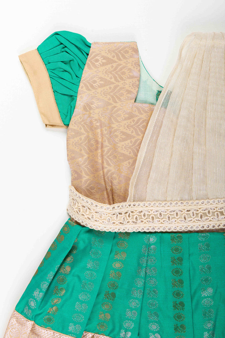 The Nesavu Girls Kanchi Silk Frock Baby Girl Kanchipuram Silk Frock for Weddings and Festive Celebrations Nesavu Nesavu baby girl kanchipuram silk frock in green and gold for weddings and festive wear