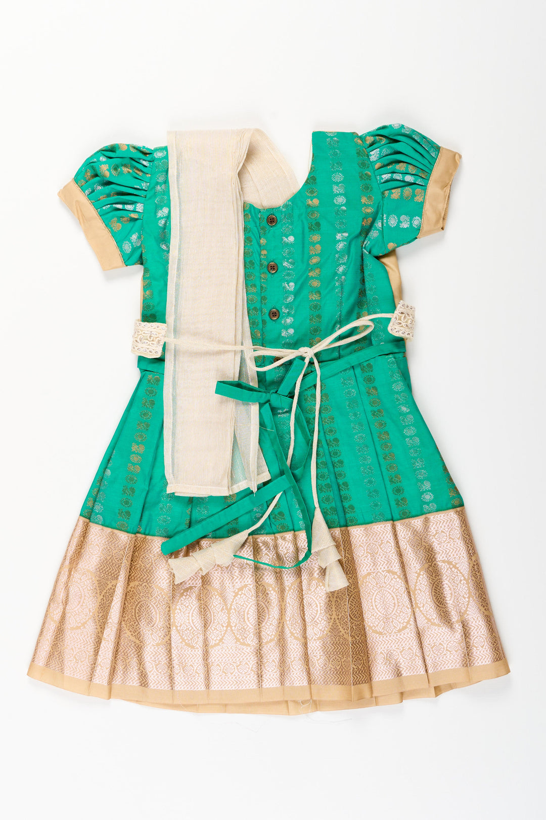 The Nesavu Girls Kanchi Silk Frock Baby Girl Kanchipuram Silk Frock for Weddings and Festive Celebrations Nesavu Nesavu baby girl kanchipuram silk frock in green and gold for weddings and festive wear