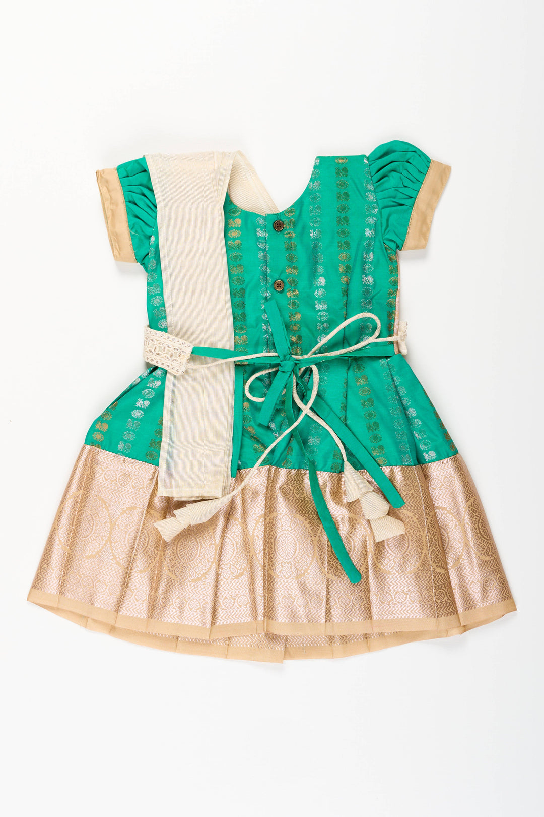 The Nesavu Girls Kanchi Silk Frock Baby Girl Kanchipuram Silk Frock for Weddings and Festive Celebrations Nesavu Nesavu baby girl kanchipuram silk frock in green and gold for weddings and festive wear
