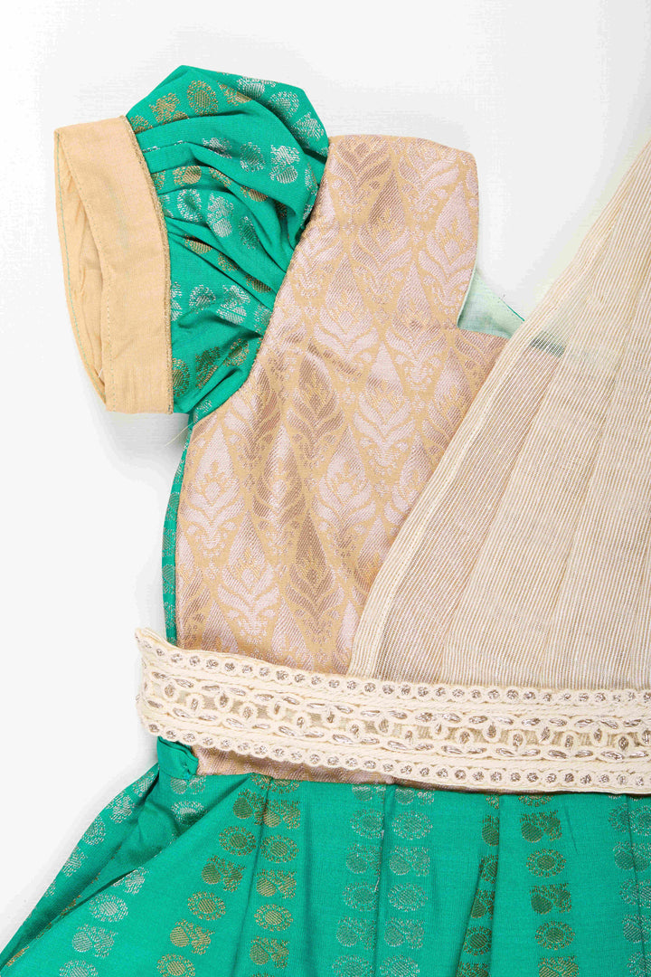 The Nesavu Girls Kanchi Silk Frock Baby Girl Kanchipuram Silk Frock for Weddings and Festive Celebrations Nesavu Nesavu baby girl kanchipuram silk frock in green and gold for weddings and festive wear